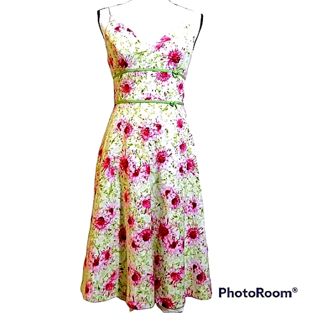CARMEN MARC VALVO FIT AND FLARE PINK & GREEN FLORAL SPAGHETTI STRAP DRESS SZ 4